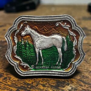 Western Belt Buckle Quarter Horse Brown Green Enamel Cowboy Equestrian #2051